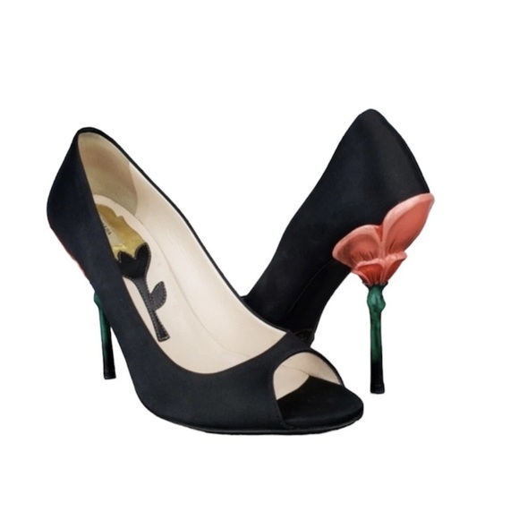 Prada Black Peep-Toe Heels with Stiletto flower heel from Fairy Collection Sz 36 - Picture 1 of 6